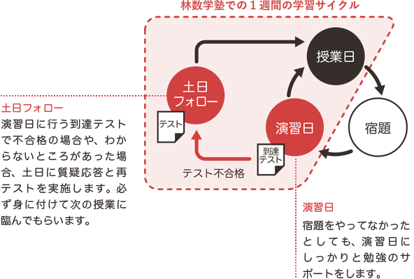 林数学塾での1周間の学習サイクル「授業日→宿題→演習日（宿題をやってなかったとしても、演習日にしっかりと勉強のサポートをします。）到達テストを行い、不合格なら→土日フォロー（演習日に行う到達テストで不合格の場合や、わからないところがあった場合、土日に質疑応答と再テストを実施します。必ず身に付けて次の授業に臨んでもらいます。）」